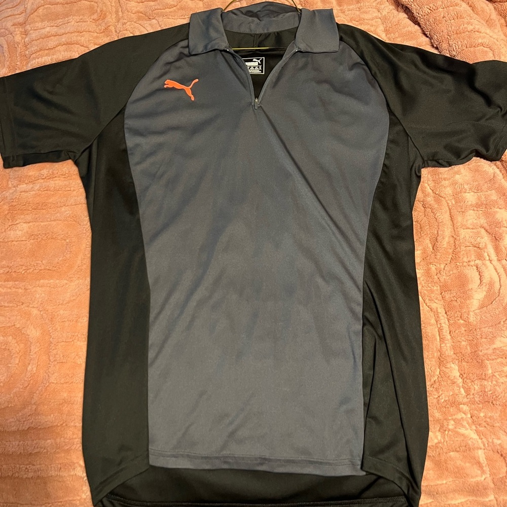 Puma Men's Polo Shirt in Black and Dark Gray with Orange Logo